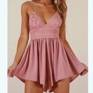 Pink crochet knit floral lace romper